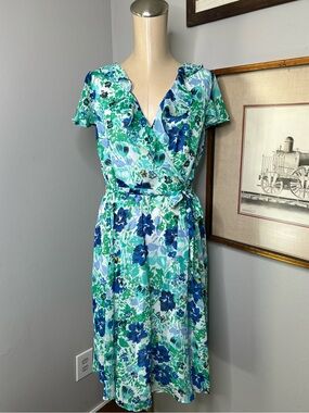 George Vibrant Floral Ruffle Sleeve Dress in Blue/Green/White/Yellow size 8